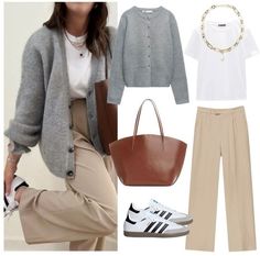 Looks Adidas, Look Boho Chic, Mode Tips, Beige Outfit, Beige Pants, Gray Cardigan, Mode Casual, Stylish Work Outfits, Casual Work Outfits