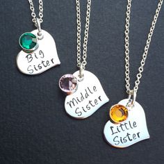 "3 sisters necklace - Set of 3 Necklaces with birthstones - Heart Necklace Set - Sisters Necklace Set - big sister, middle sister, little sister This is a set of 3 necklaces with 3/4 inch heart shaped stainless steel blanks hand stamped with \"Big Sister\", \"Middle Sister\" and \"Little Sister\" and personalized 6 mm swarovski birthstones color of your choice. Makes a great gift for you and your sisters. Comes in 18 inch Silver Chain with lobster clasp for closure. I also have 16, 20 and 22 inc Sister Necklace Set, Sisters Necklace, Middle Sister, Big Sister Little Sister, Cute Gifts For Friends, 3 Sisters, Sister Necklace, Birthstone Colors, Memorial Necklace