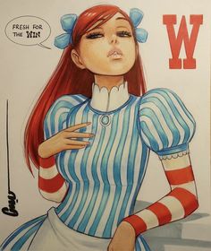 a drawing of a girl with red hair and blue striped shirt, holding her hand on her chest