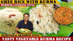 a man sitting in front of a plate of rice and other food on a banana leaf