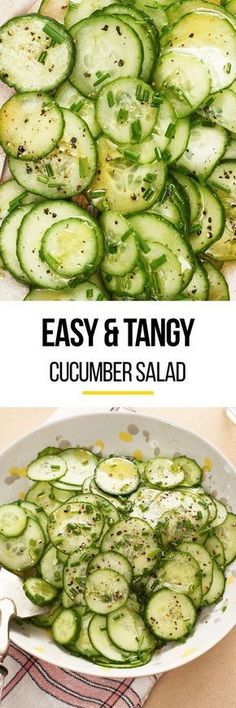 cucumber salad in a white bowl with the words easy and tangy