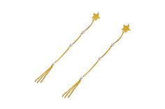 This beautiful and elegant pair of, star and pearls chain gold earrings, handcrafted in 24k gold gilded, solid silver. They are embellished with sparkly detailed chains and tiny  freshwater pearls, for a truly luxurious finish.  Perfect for any occasion and will add a touch of  glamour to any outfit.  Star and pearls chain gold earrings, have a total length of 11 cm and feature three pearls per earring.  The high-quality craftsmanship and exquisite design make these   Handmade long Chain earring Star Rain, Long Chain Earrings, Chain Earring, 24 Karat Gold, Chain Gold, Gold Gilding, Pearl Chain, Long Chain, Chain Earrings