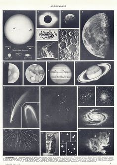 an old black and white poster with pictures of planets