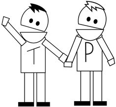 two cartoon characters holding hands with the letter p on their forehead and one wearing a bandaged face