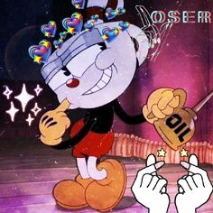 an animated mickey mouse holding two gold coins in front of a stage with stars on it