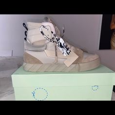 Brand New Never Used Or Tried On Off-White Vulcanized High Top Floating Arrow Mens Size 12 Box Papers And Dust Bag. Luxury White High-top Sneakers With Vulcanized Sole, Designer White High-top Sneakers With Contrast Sole, Off White Dunks, White Forces, Office Sneakers, White Air Forces, Beige Sneakers, White Jordans, Off White Mens