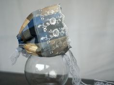 #newborn #bonnet #photoprop  Blue plaid bonnet with delicate lace... Childrens Photography, Blue Plaid