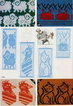 cross - stitch patterns are shown in different colors and sizes, including blue, green, orange, and red