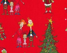 a red background with cartoon characters around a christmas tree