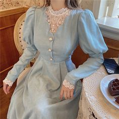 Comfy Vintage Solid Elegant Lace Midi Dress Casual French Style, Party Midi Dress, Vestidos Retro, Old Fashion Dresses, Edwardian Dress, Cottagecore Dress, Midi Dress Party, Vestidos Vintage, Korean Dress