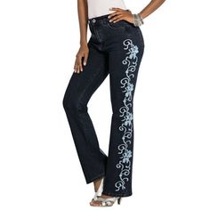 Roaman's Women's Plus Size Whitney Jean With Invisible Stretch Embroidered Bootcut Jeans.Your favorite bootcut jeans, detailed with pretty, scrolling embroidery down the sides. Made in the five-pocket style and so easy to wear anywhere and everywhere. These are great-fitting jeans, made to serve your curves. All of our core, classic denim features an Invisible Stretch waistband designed to eliminate back-gap. They sit comfortably at the natural waist and are designed to move with you in super-st Swimsuits For All, Current Fashion Trends, Embroidered Jeans, Plus Size Jeans, Bootcut Jeans, Size Clothing, Plus Size Outfits, Blue Jeans, Swirl