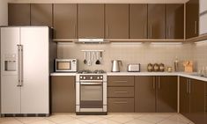 a kitchen with brown cabinets and white appliances