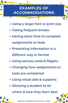 a poster with the words examples of accommodations in blue, yellow and white text on it