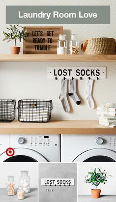 laundry room love with lots of socks hanging from the wall and baskets on the shelves