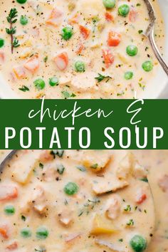 chicken and potato soup in a white bowl with a green border over the top text reads chicken and potato soup