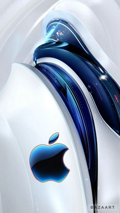 an apple logo on the side of a white car with blue and orange swirls