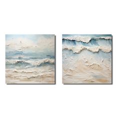 two paintings depicting the ocean and sky with white foamy waves coming in from the water