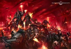 a group of knights standing next to each other in front of a red fire filled sky