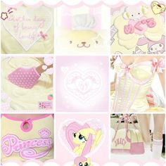 the collage shows many different images of pink and white outfits, including a teddy bear