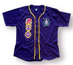 a purple baseball jersey with yellow and blue trims