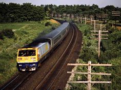 a yellow and silver train traveling down tracks next to lush green fields on both sides