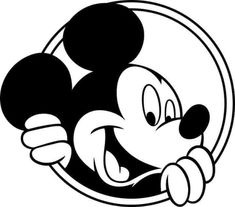 the mickey mouse logo with its tongue out and eyes wide open, in black and white