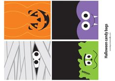 four different halloween cards with faces and eyes in the same color scheme, each one has an eyeball on it