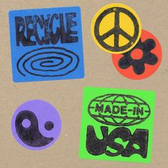 various stickers with the words peace and made in usa written on them are shown