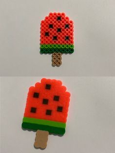 two popsicles made out of legos on top of each other, one in the shape of a watermelon