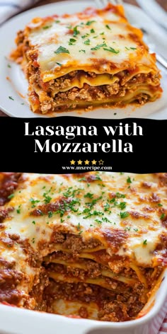 lasagna with mozzarella in a casserole dish on a plate