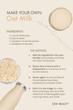 the ingredients for making oat milk are shown in this graphic above it's description