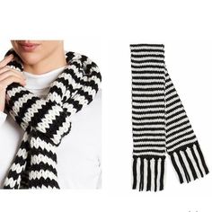 Kate Spade Chunky Stripe Knit Scarf In Cream & Black Black Confetti, Pompom Scarf, Silk Bandana, Fur Collar Coat, Square Silk Scarf, Large Scarf, Kate Spade Accessories, Pink Polka Dots