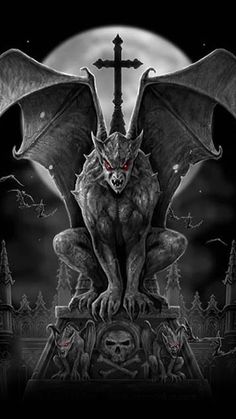 a black and white image of a demon on top of a grave with the moon in the background