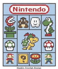 a cross stitch pattern with the words nintendo on it and various video game characters in different colors