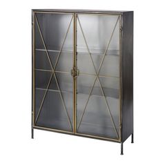 a metal and glass cabinet with two doors