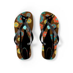 Flower Power Brown, Atomic Groovy, Retro Flip Flops. No more dull summer days - express yourself with flower power brown, atomic groovy, retro flip flops! Featuring a 5/8" thick EVA sole, 100% polyester sole cover, and your own personalized designs, these colorful flip flops let you hit the beach and make waves - all in supreme comfort. Now you can look super-stylish with every step. Summer, here you come! All-day comfort is the name of the game when summer is on. These personalized flip flops c Retro Multicolor Sandals For The Beach, Retro Brown Sandals For Beach, Retro Brown Sandals For The Beach, Playful Non-slip Flat Flip Flops, Fun Non-slip Flip Flops For Swimming, Non-slip Flip Flops For Surfing And Beach Season, Playful Non-slip Flip Flops For The Beach, Summer Vacation Flower-shaped Flip Flops, Personalized Flip Flops