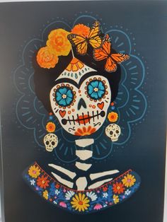 a painting of a woman with flowers and butterflies on her head, in the shape of a skeleton