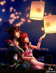 two anime characters sitting on the ground with paper lanterns in their hands and looking at each other