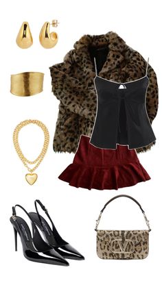 a woman's outfit with leopard print and red velvet skirt, black heels, gold accessories