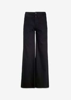 Experience a full-volume silhouette and tailored waistband crafted from premium black-over-dye fabric. This wide leg jeans are designed to flatter your figure while keeping you comfortable all day long. Model is 5'10" wearing size 26. Approx. Front rise: 11" Inseam: 31.5"Approx. Knee: 25" Leg opening: 27.5" Contents: 100% CottonMade in USA Fits true to size. Black Wide Leg Jeans, Full Volume, Dye Fabric, Wide Leg Jeans, Leg Jeans, New Product, Wide Leg, Dye, Fabric