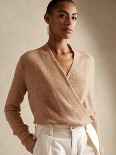 Aire Wrap-Front Sweater | Banana Republic Modern Teacher Outfits, Fitted Cashmere Sweater, Drapey Sweater, High Rise Style, Wardrobe Planning, Front Sweater, Soft Classic, Banana Republic Women, Plunge Neckline