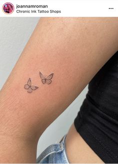 two butterflies tattoo on the left arm and right leg, both with small black ink