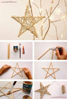 the star is made out of wood sticks and string, then put together to make a christmas tree decoration