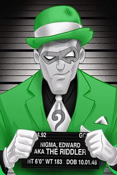 a man in a green suit and hat holding a sign that says, nicka edward aka the riddler