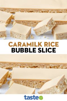 caramel rice bubble slice cut in half and stacked on top of each other with text overlay