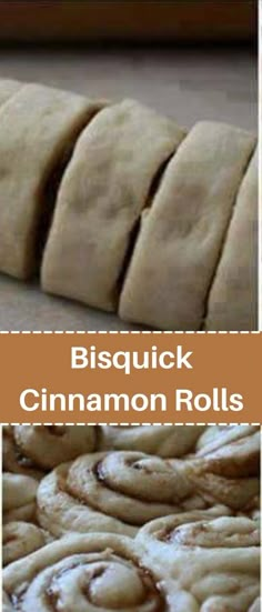 several different images of cinnamon rolls on a table with text overlay that reads bisquick cinnamon rolls