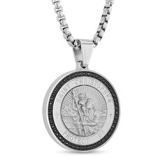 Designed for a man of faith, this black diamond St. Christopher medallion pendant is just his style. Stainless steel with black ion plate. The round medallion features the inscription "Protect us." A row of black diamonds encircles the medallion. 1/4 ct. t.w. of diamonds. 24.0-inch box chain; lobster clasp. Black Stainless Steel Medallion Necklaces, Black Stainless Steel Medallion Necklace, Black Medallion Stainless Steel Necklaces, Black Stainless Steel Jewelry With Engraving Option, St Christopher, Saint Christopher, Black Diamonds, Box Chain, Black Diamond