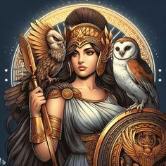 a woman holding an owl and a shield