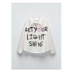 Collared long sleeve shirt. Front button closure hidden by a flap. Front printed text. Graffiti Sweatshirt, Graffiti Text, Joggers Shoes, Slogan Shirts, Text Shirt, Cardigan Sweater Vest, Cardigan Sweater Dress, Cardigan Shirt, Shirt Blouses Tops