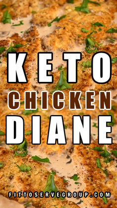 the words keto chicken diane are in front of an image of a pizza